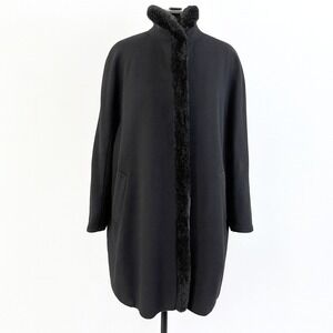Ellen Tracy Long Wool Blend Coat 18W Black Faux Fur Trim Old Money Quiet Luxury